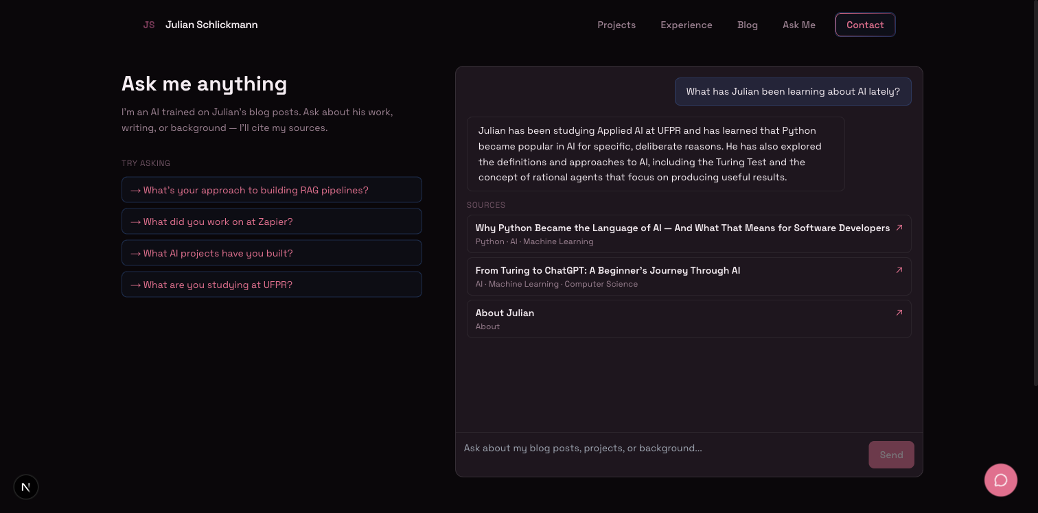 The /ask page — a question about my background with source cards showing which blog posts were cited